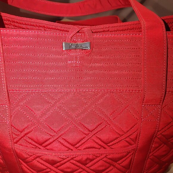 Large Vera Bradley Tall Quilted Red Tote Bag Interior Pockets Colorful Lining - Picture 6 of 13